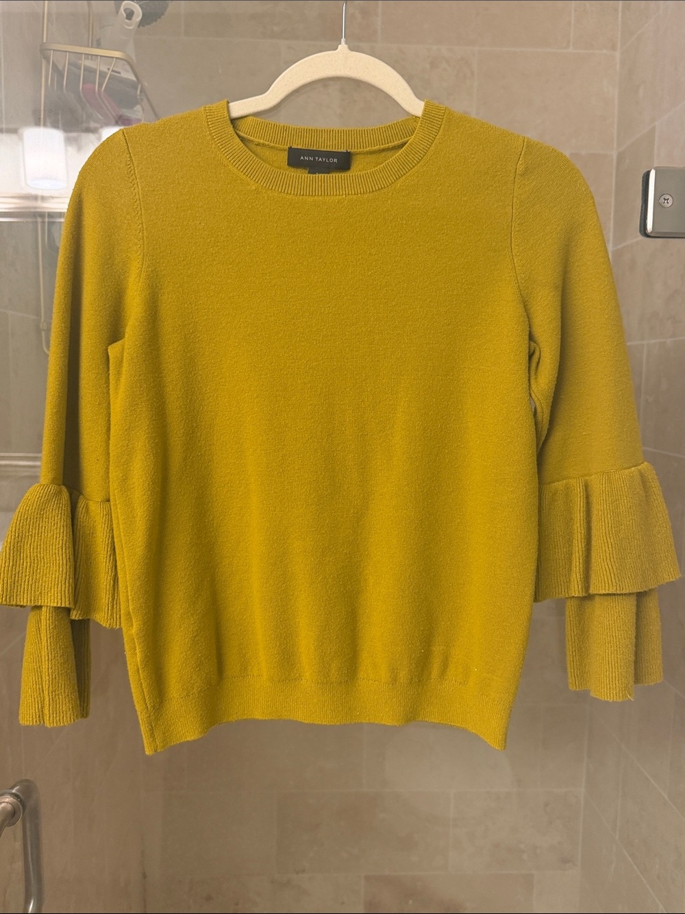Ann Taylor Mustard Ruffle-Sleeve Crewneck Sweater